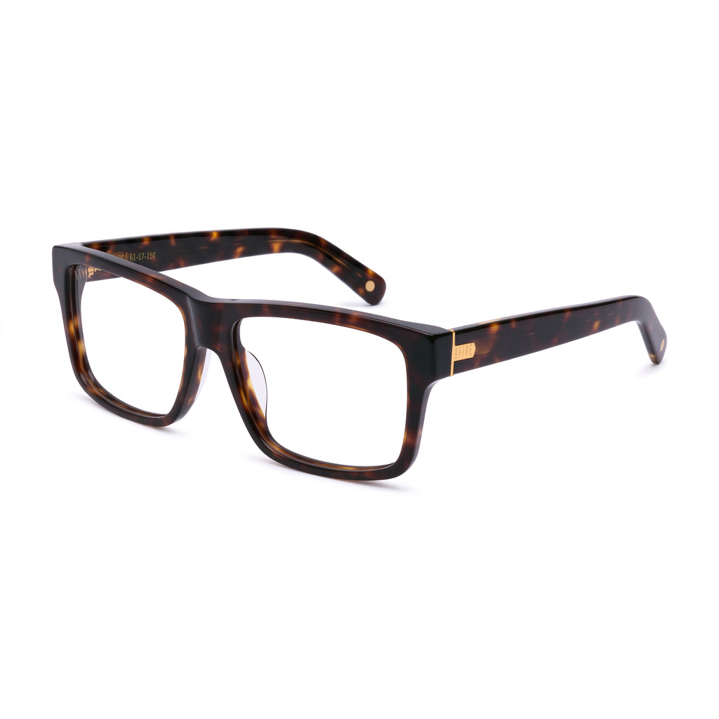A pair of rectangular-frame eyeglasses with a dark brown and black tortoiseshell pattern, shown against a plain white background. [g:clear s:all o:2]