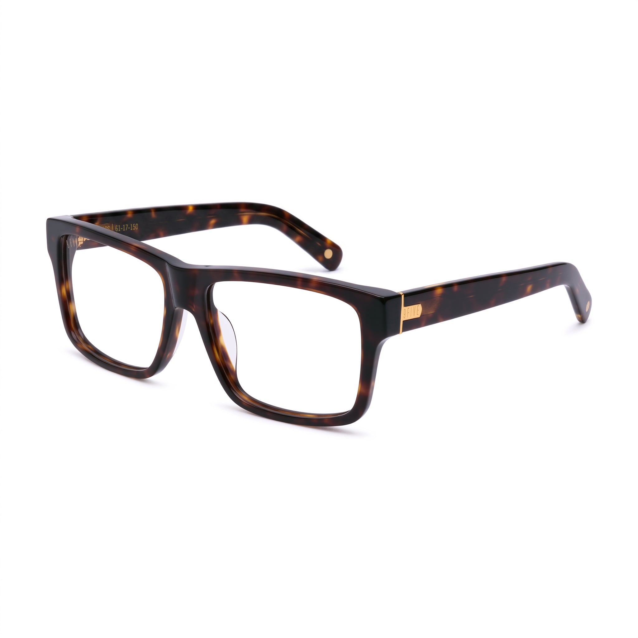 A pair of rectangular-frame eyeglasses with a dark brown and black tortoiseshell pattern, shown against a plain white background. [g:clear s:all o:2]