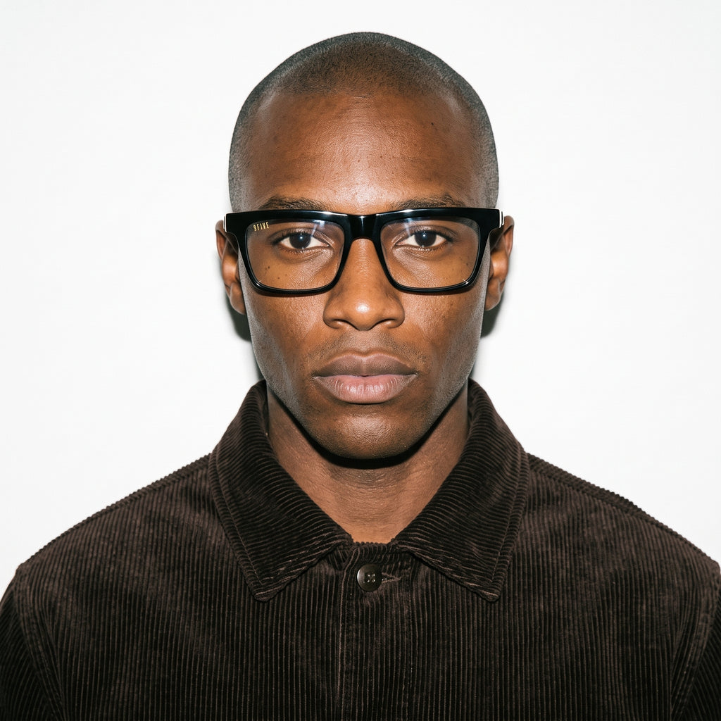 Man wearing black glasses and a brown corduroy shirt against a white background [g:clear s:all o:3]