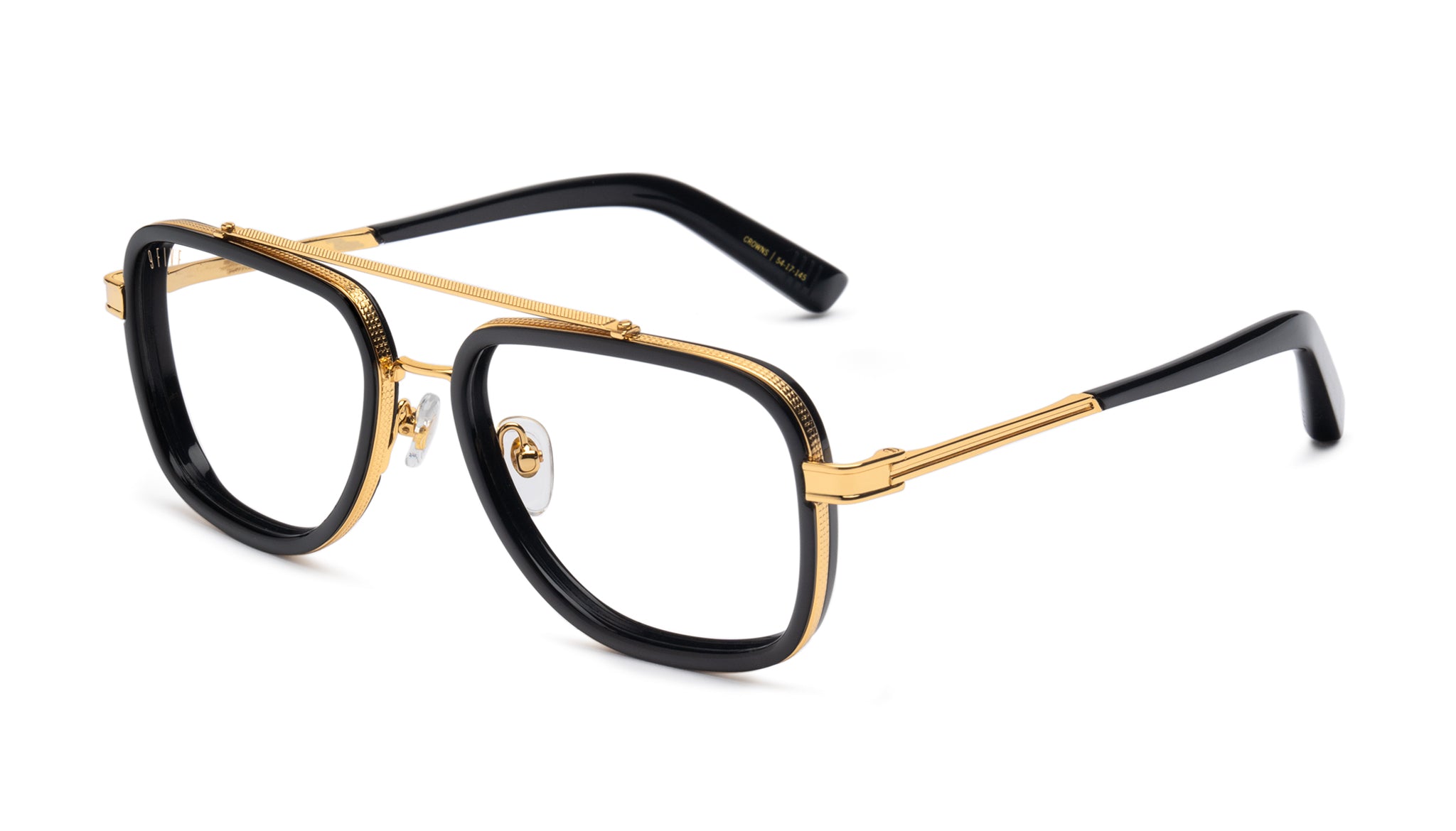 9FIVE Crowns Black & 24K Gold Clear Lens Glasses