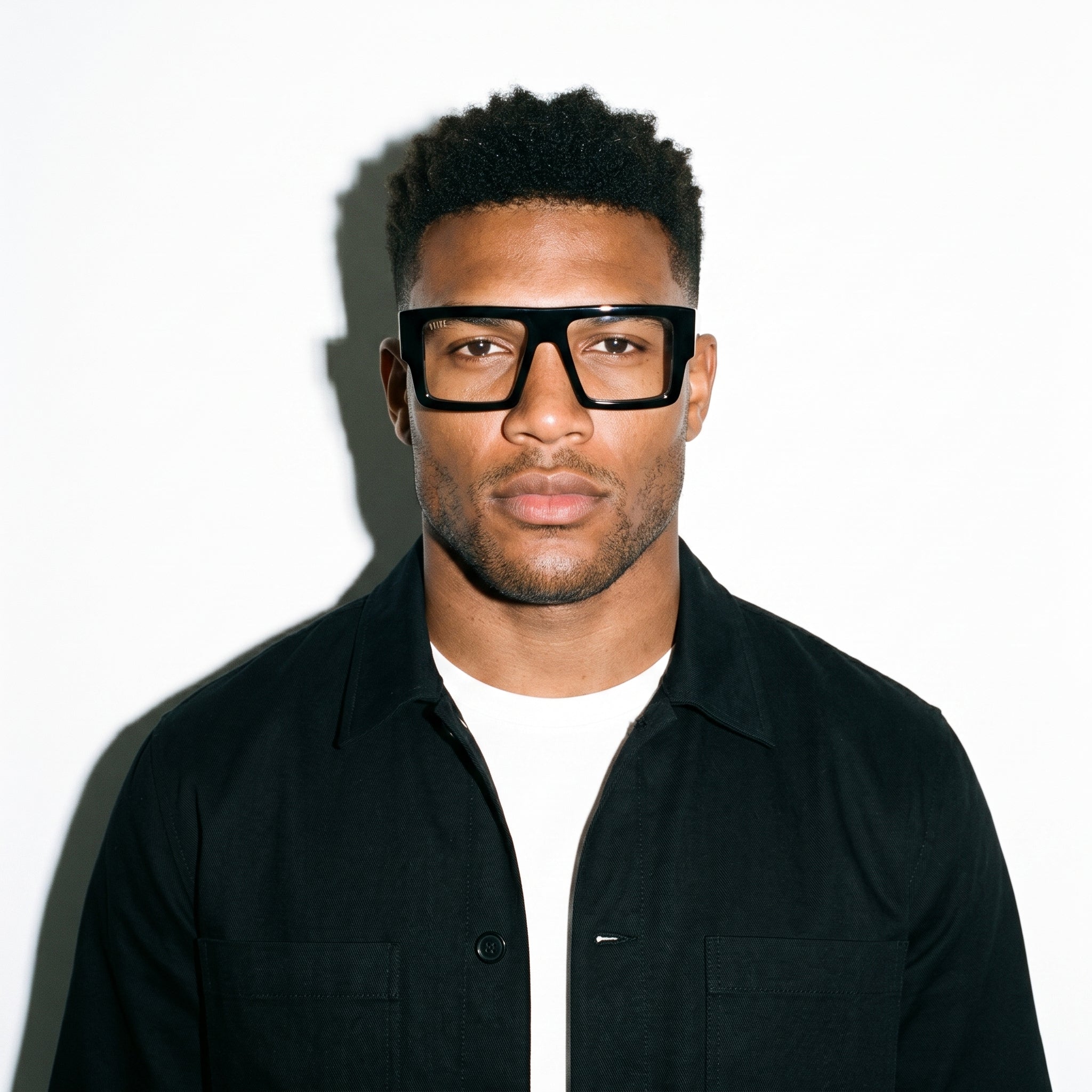 9FIVE Diego Black & 24K Gold Clear Lens Glasses — XL fit, worn on model [g:all s:xl o:3]