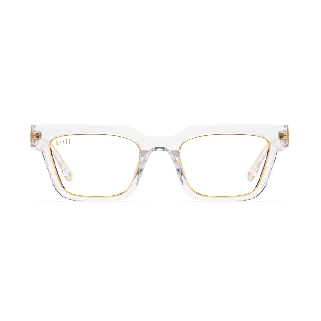 9FIVE EM4 Crystal & 24K Gold Clear Lens Glasses Rx — front [g:all s:reg o:1]
