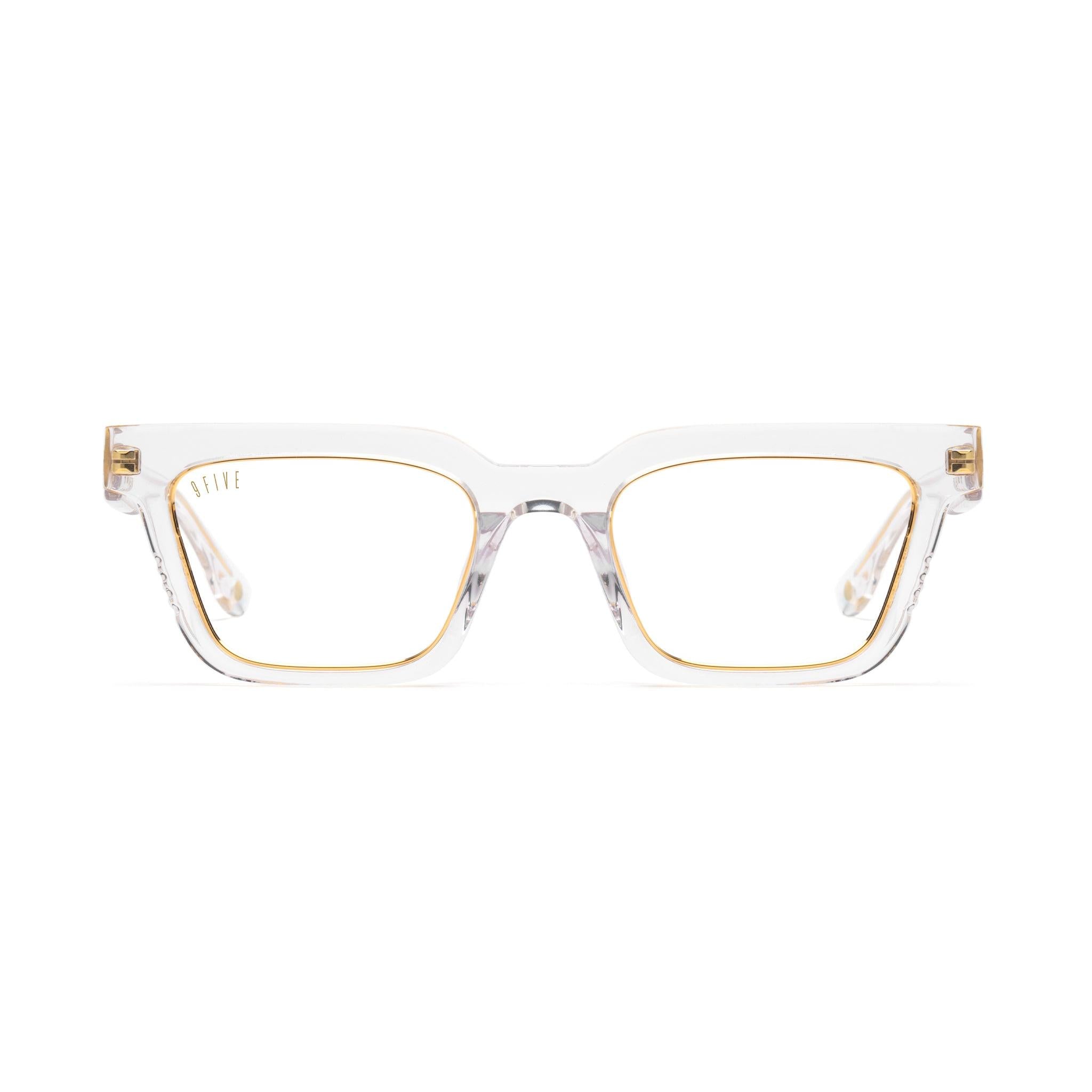 9FIVE EM4 Crystal & 24K Gold Clear Lens Glasses Rx — front [g:all s:reg o:1]