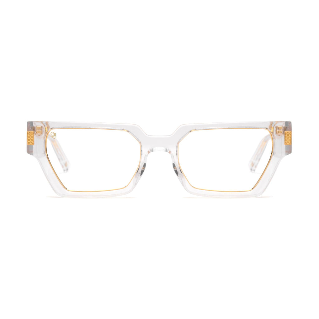 9FIVE Locks Crystal & 24K Gold Clear Lens Glasses Rx — front [g:all s:reg o:1]