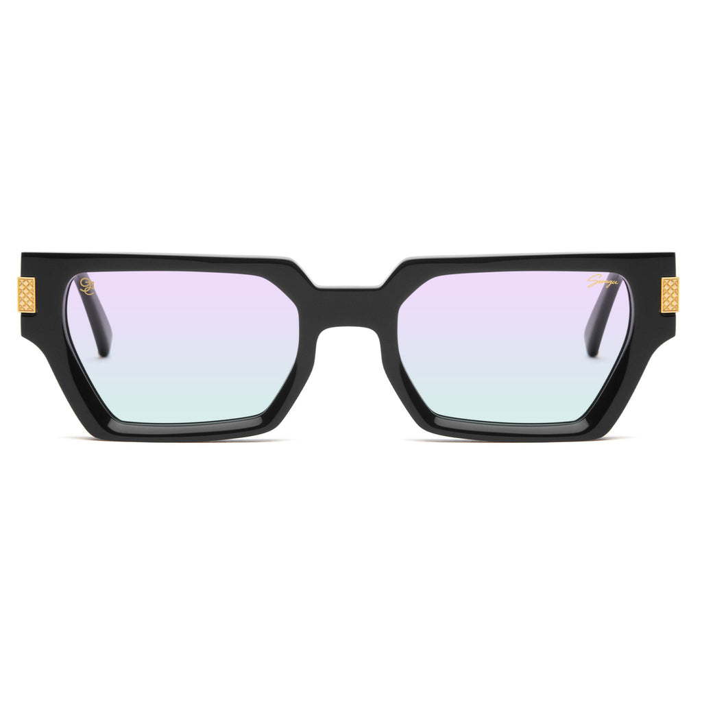 Black geometric square sunglasses with iridescent pastel gradient lenses and small gold metal accents on the temples, shown against a plain white background.[g:all s:all o:1]
