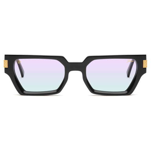 Black geometric square sunglasses with iridescent pastel gradient lenses and small gold metal accents on the temples, shown against a plain white background.[g:all s:all o:1]