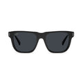 Black square sunglasses with dark gray lenses and small silver-tone logo details on the top corners of the frames, shown against a plain white background. 9five black sunglasses on white background with black metal accents [g:black s:all o:1]