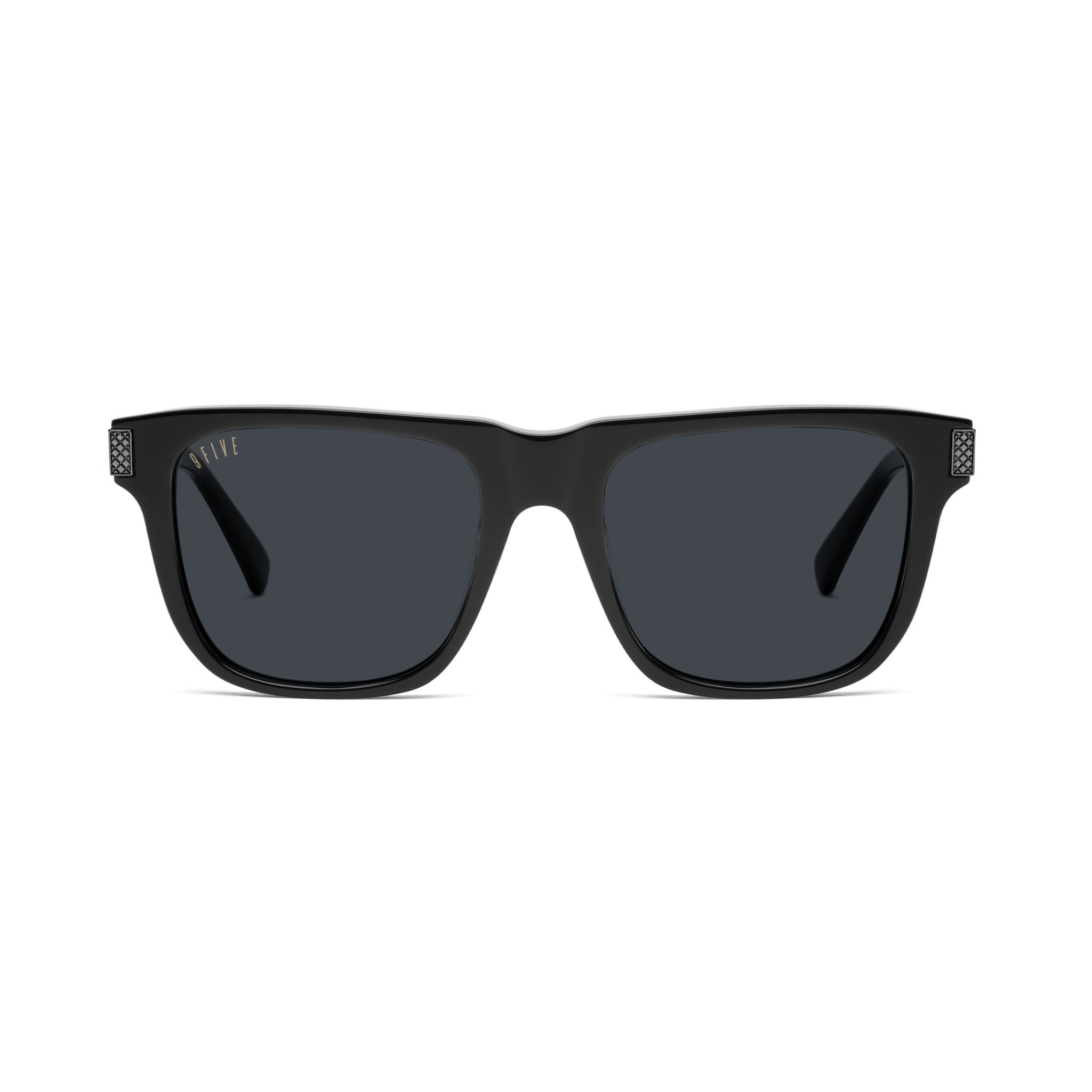 Black square sunglasses with dark gray lenses and small silver-tone logo details on the top corners of the frames, shown against a plain white background. 9five black sunglasses on white background with black metal accents [g:black s:all o:1]