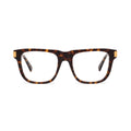 A pair of square-frame eyeglasses with a classic tortoiseshell pattern in brown and black, featuring small gold metal accents on the temples, shown against a plain white background. [g:clear s:all o:1]