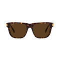 Square sunglasses with a dark brown and amber tortoiseshell frame and brown lenses, featuring small gold metal accents on the temples, shown against a plain white background. [g:brown s:all o:1]