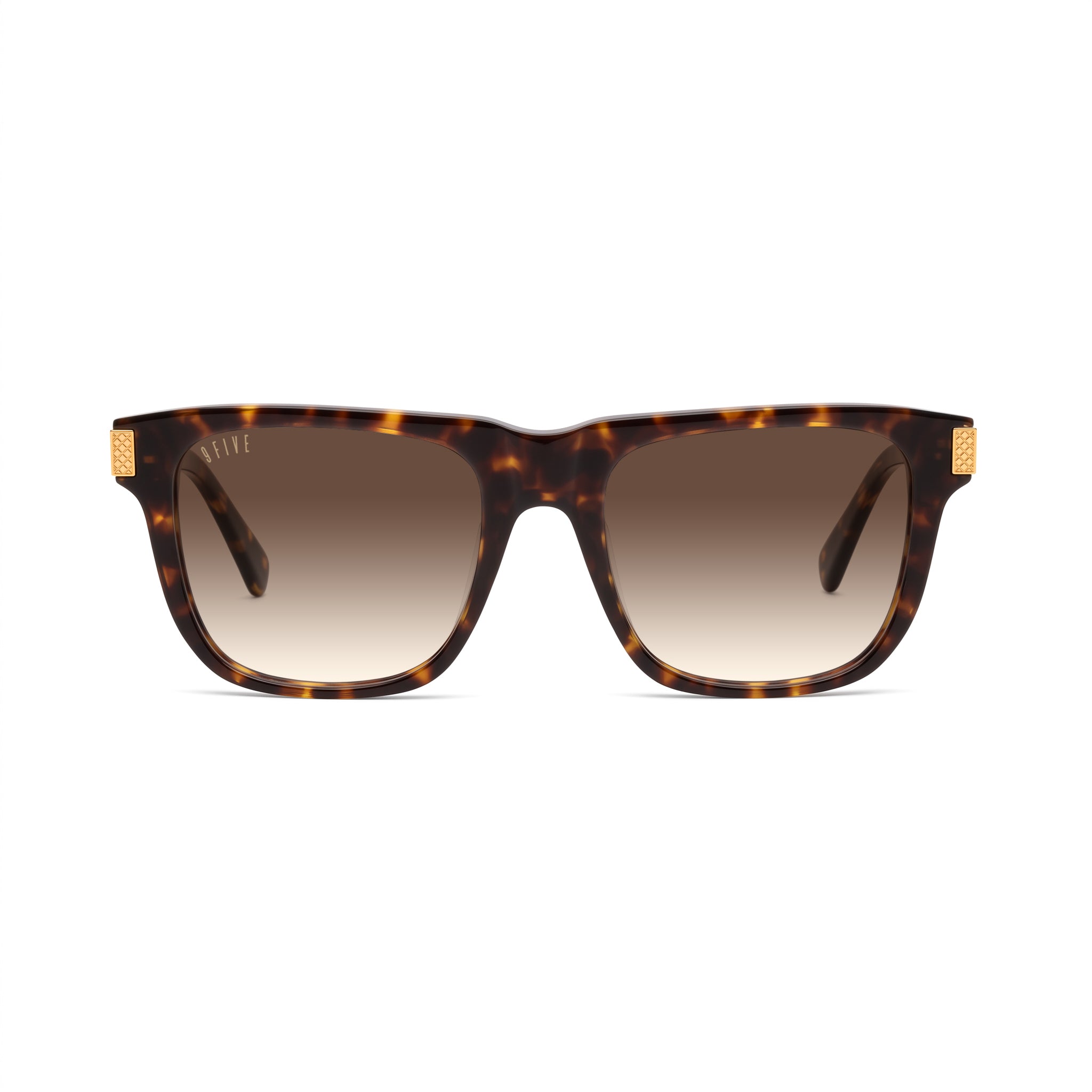 Square sunglasses with a brown tortoiseshell frame and brown gradient lenses, featuring small gold metal accents on the temples, shown against a plain white background. [g:brown-gradient s:all o:1]