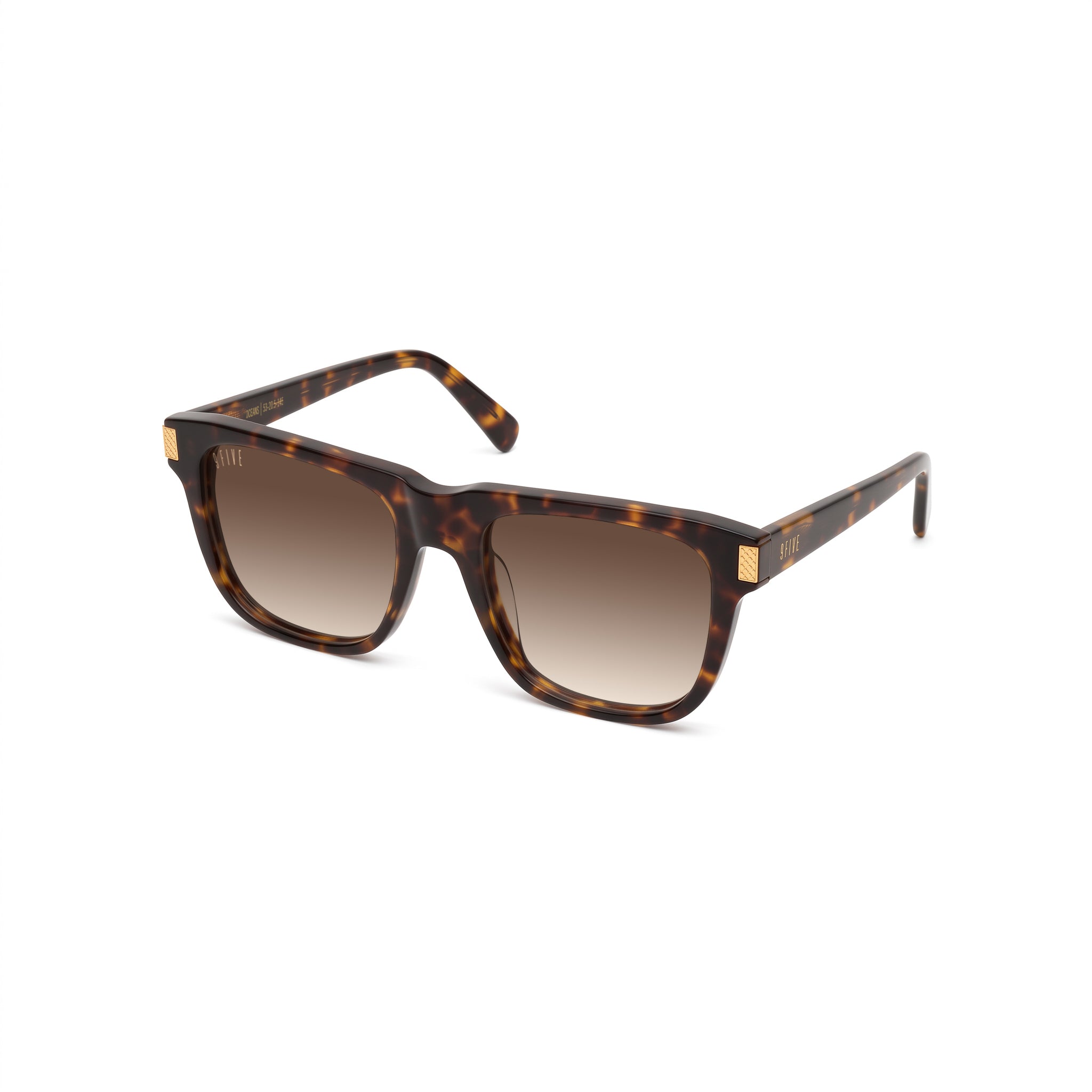 A pair of square sunglasses with a classic tortoiseshell pattern in brown and black, featuring brown gradient lenses and small gold metal accents on the hinges, shown on a plain white background. [g:brown-gradient s:all o:2]
