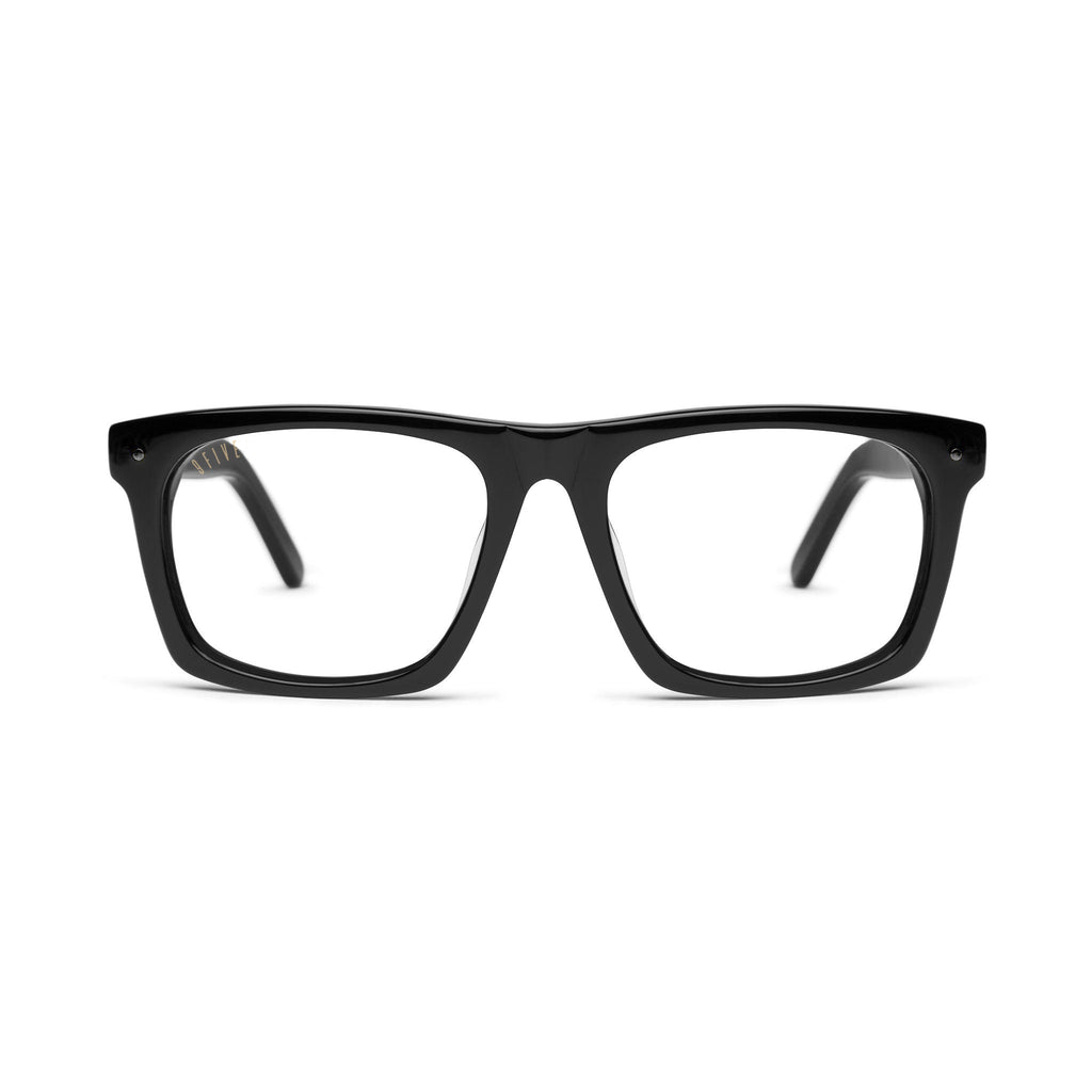 9five black rectangle sunglasses with black metal accents on a clean white background [g:clear s:all o:1]