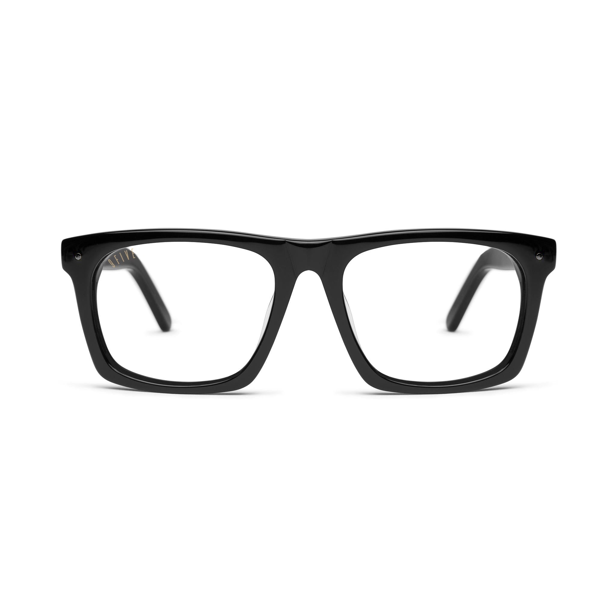 9five black rectangle sunglasses with black metal accents on a clean white background [g:clear s:all o:1]