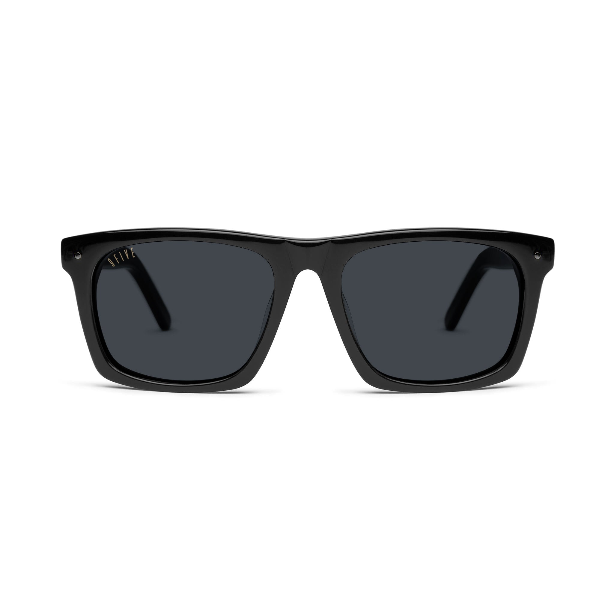 9five black rectangle sunglasses with black metal accents on a clean white background [g:black s:all o:1]