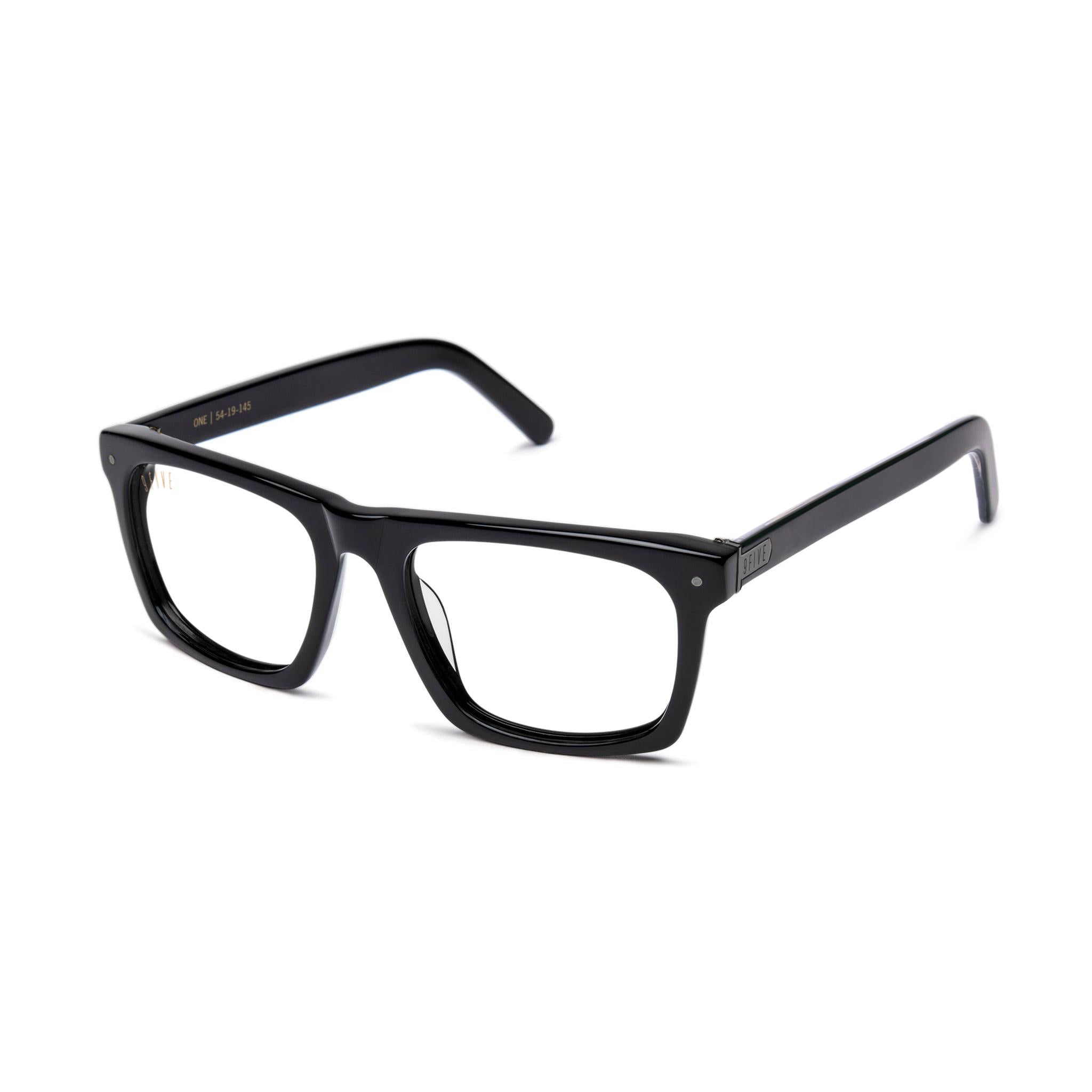Black acetate square eyeglasses with gold metal accents on the hinges, displayed on a clean white background. [g:clear s:all o:2]