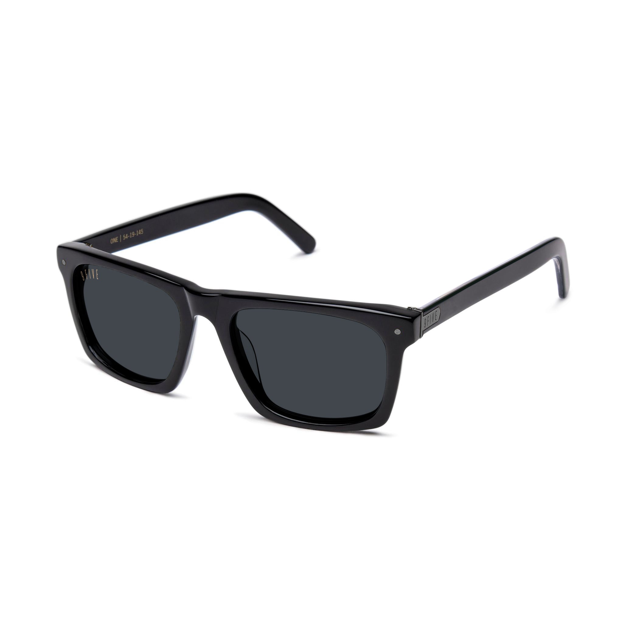 9five black rectangle sunglasses with black metal accents on a clean white background [g:black s:all o:2]