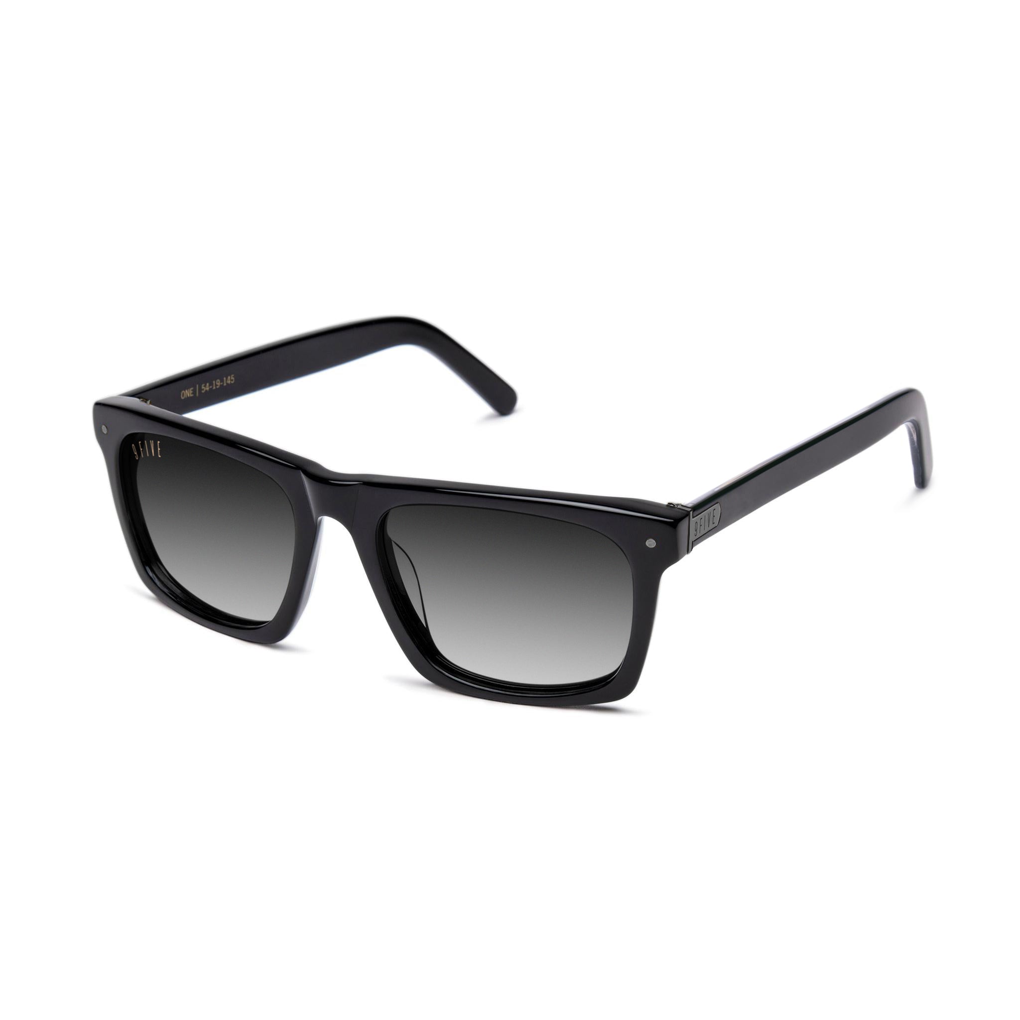 Black rectangle sunglasses with gradient gray lenses and small gold metal accents on the temples, shown on a clean white background. [g:black-gradient s:all o:2]