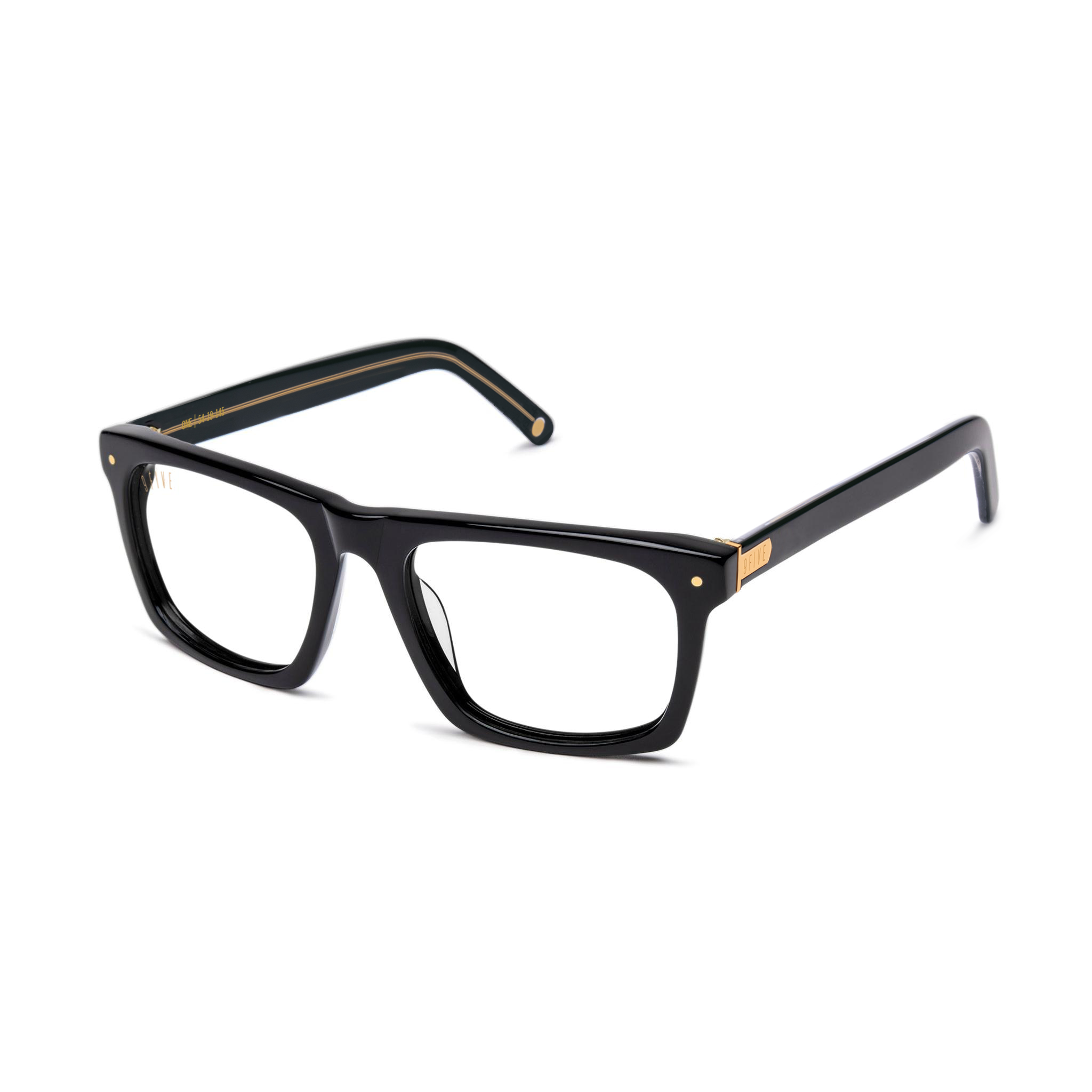 Black acetate rectangular eyeglasses with gold metal accents on the hinges, displayed on a clean white background. [g:clear s:all o:2]