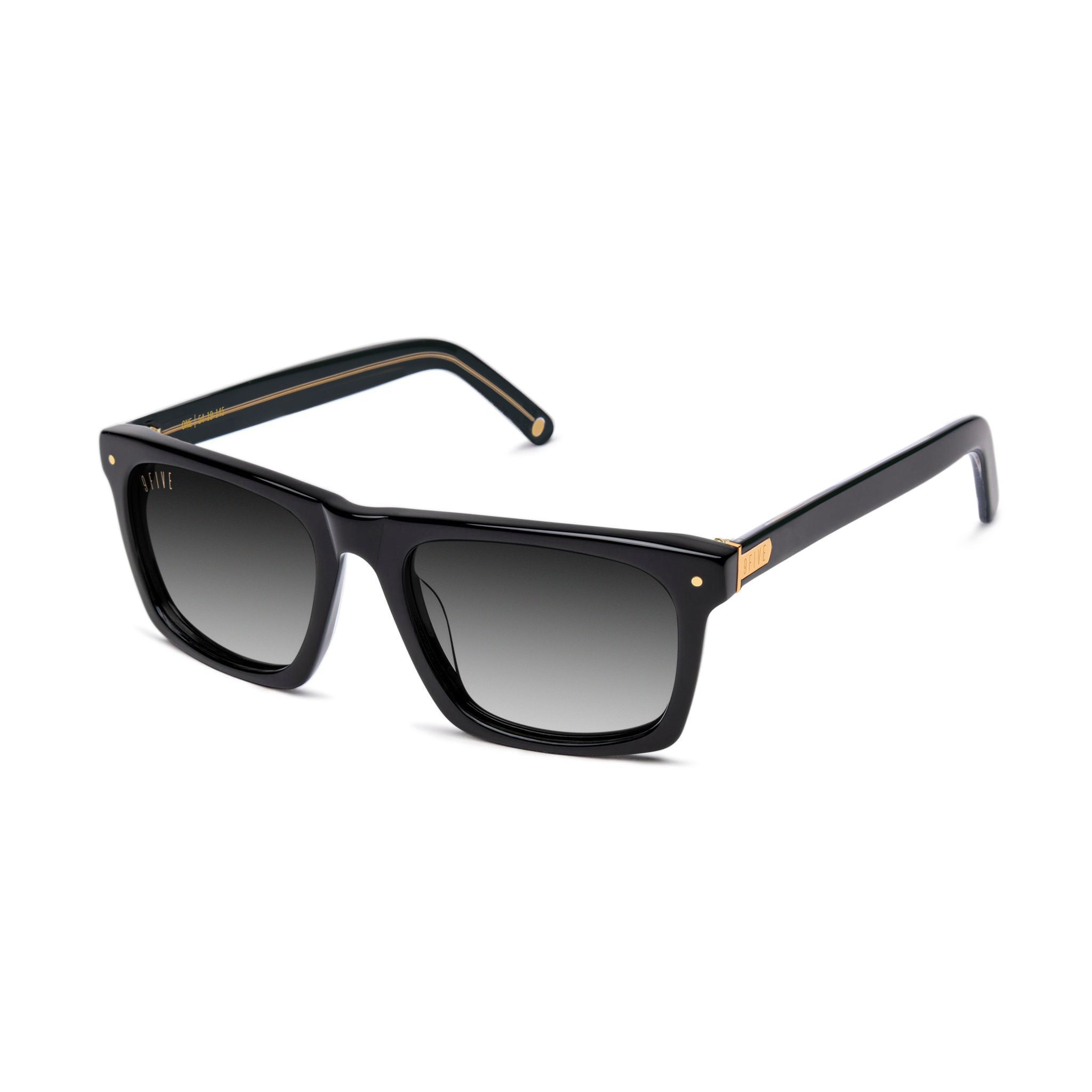 Black rectangular sunglasses with gradient gray lenses and small gold metal accents on the temples, shown on a clean white background. [g:black-gradient s:all o:2]