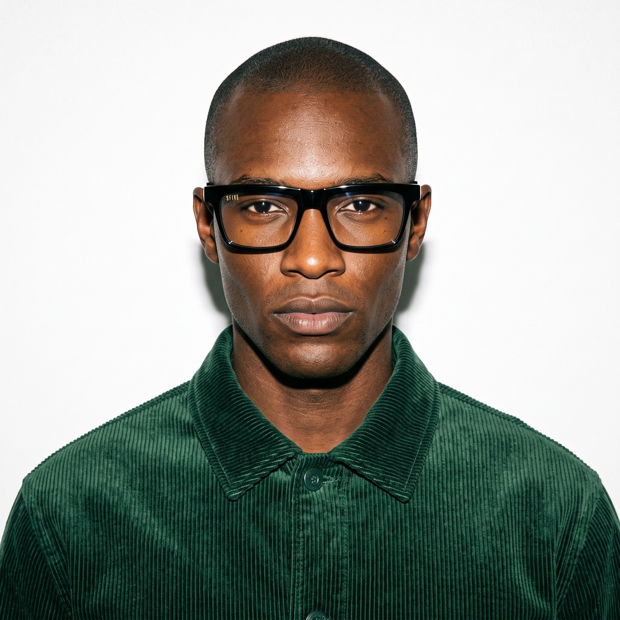 Man wearing black glasses and a green shirt against a white background [g:clear s:all o:3]