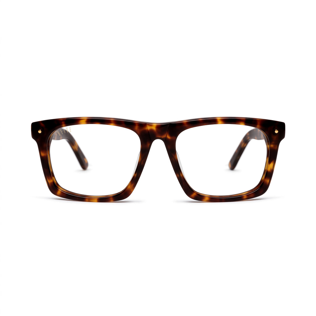 A pair of rectangular frame eyeglasses with a classic tortoiseshell pattern in brown and amber, shown against a plain white background. [g:clear s:all o:1]