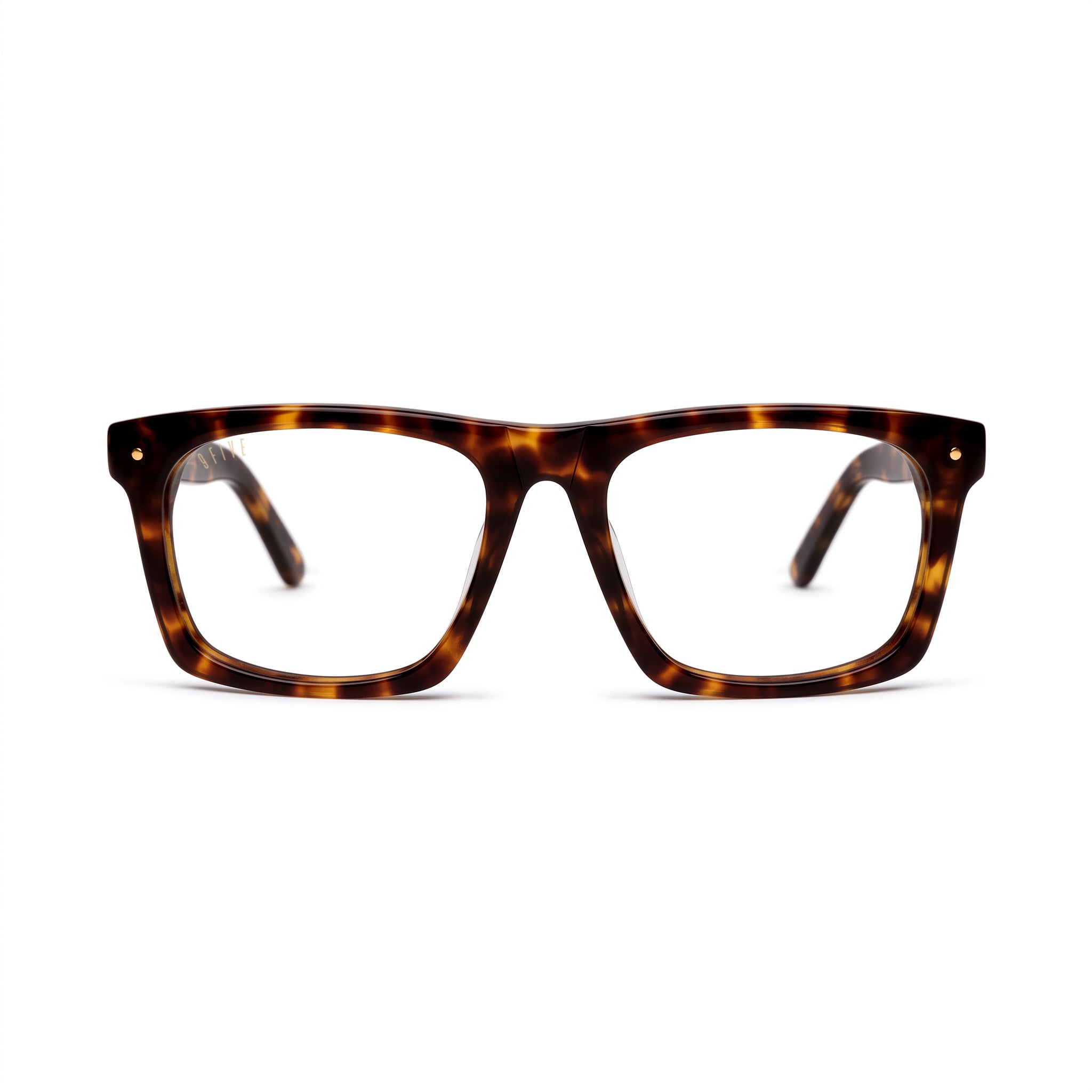 A pair of rectangular frame eyeglasses with a classic tortoiseshell pattern in brown and amber, shown against a plain white background. [g:clear s:all o:1]