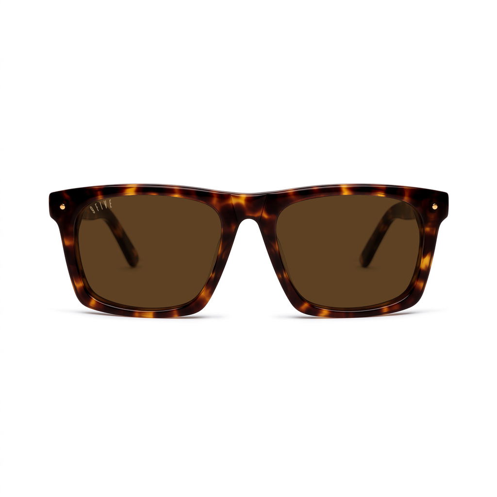 Rectangular sunglasses with a classic tortoiseshell frame and brown lenses, shown from the front on a white background. [g:brown s:all o:1] 