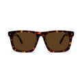 Rectangular sunglasses with a classic tortoiseshell frame and brown lenses, shown from the front on a white background. [g:brown s:all o:1] 
