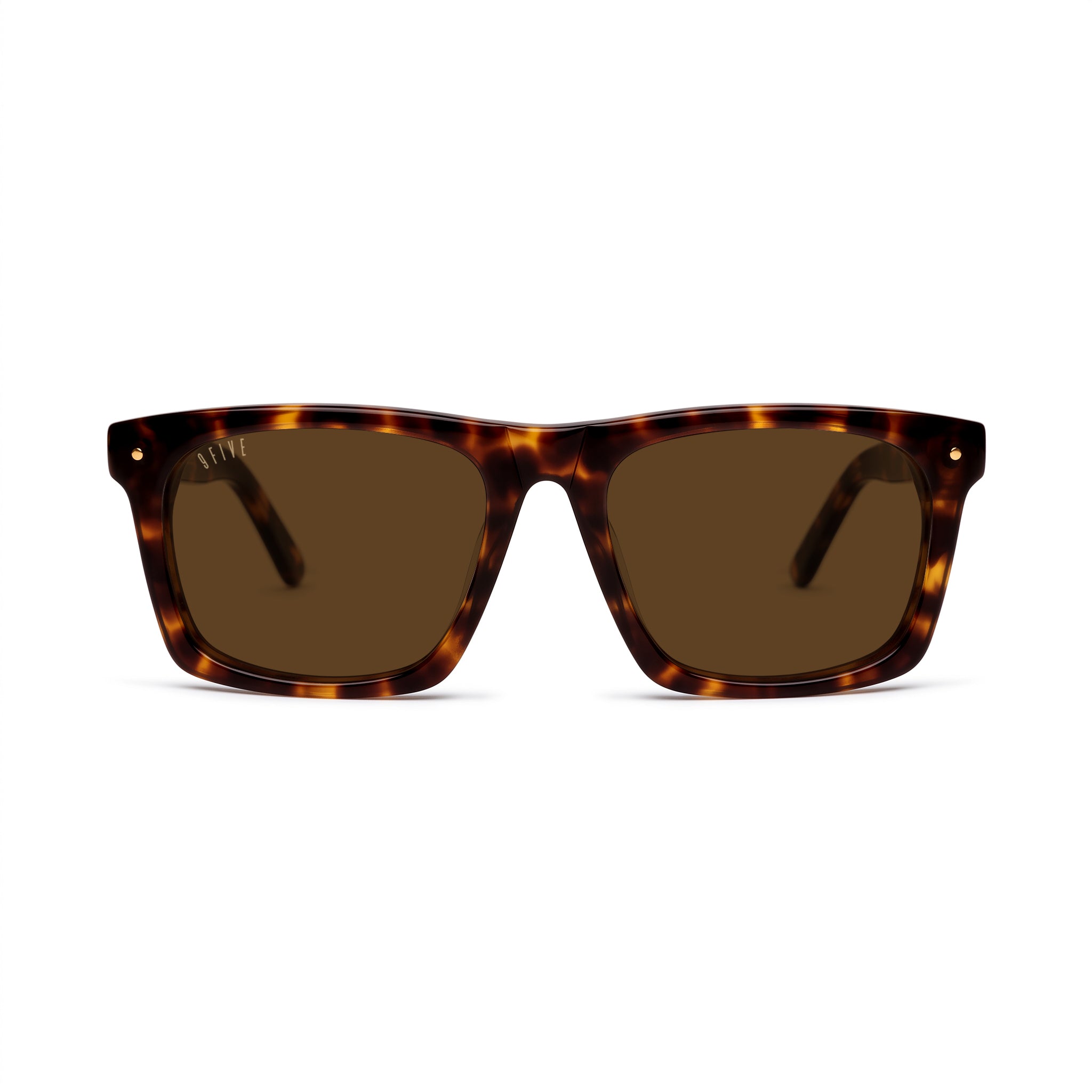 Rectangular sunglasses with a classic tortoiseshell frame and brown lenses, shown from the front on a white background. [g:brown s:all o:1] 