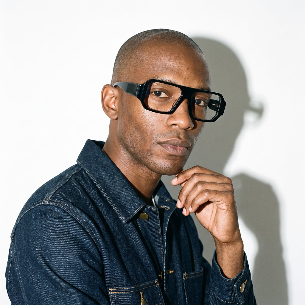 A man wearing thick black square-frame eyeglasses and a dark blue denim jacket, posing against a white wall with a strong shadow cast behind him. [g:clear s:all o:3]