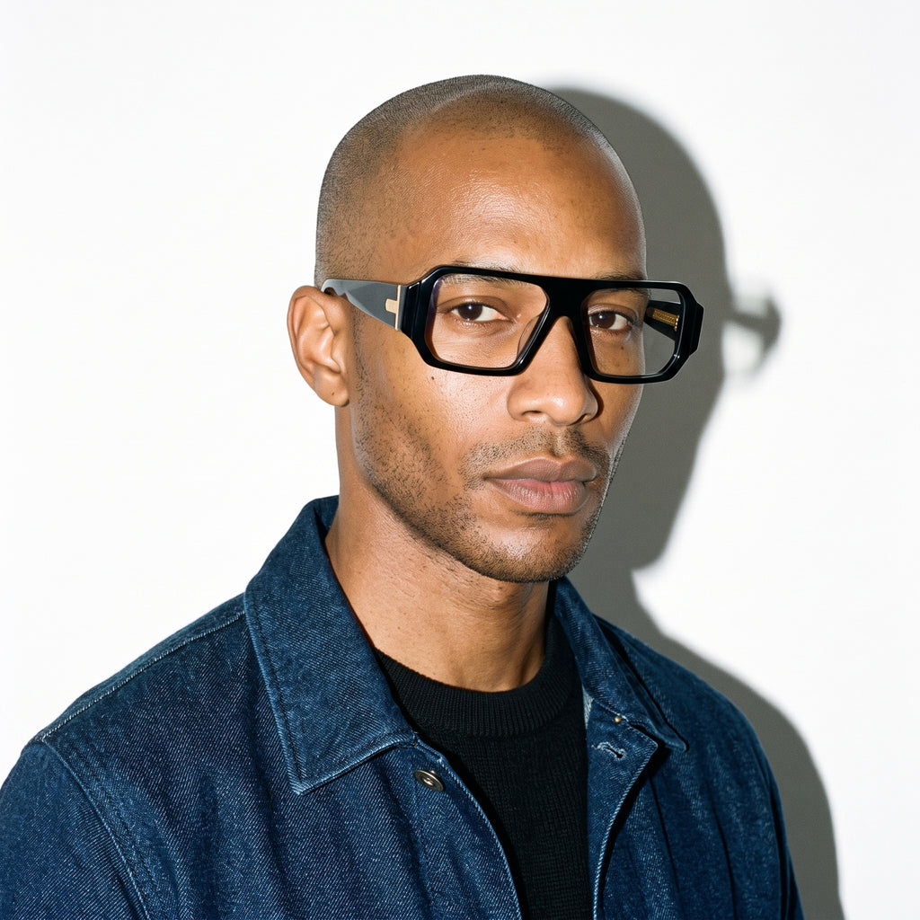 A man wearing thick black square eyeglasses with a silver temple tip, a blue denim jacket, and a black t-shirt, photographed against a white background with a hard shadow. [g:clear s:all o:3]