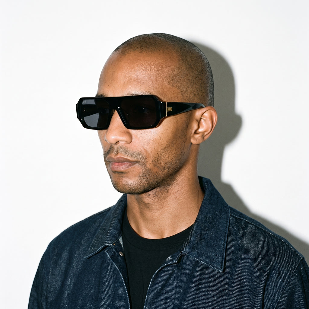 A man with a shaved head wearing black sunglasses and a black denim jacket over a black t-shirt, standing against a white wall with a hard shadow. [g:black s:all o:3]