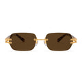 Rimless square sunglasses with dark brown lenses and gold metal hardware, shown from the front on a white background. [g:brown s:all o:1]