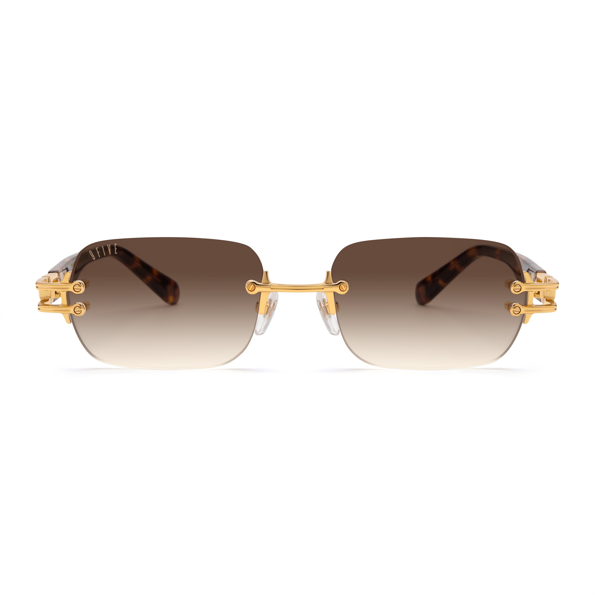 Rimless square sunglasses with dark brown lenses and gold metal hardware, shown from the front on a white background. [g:brown-gradient s:all o:1]