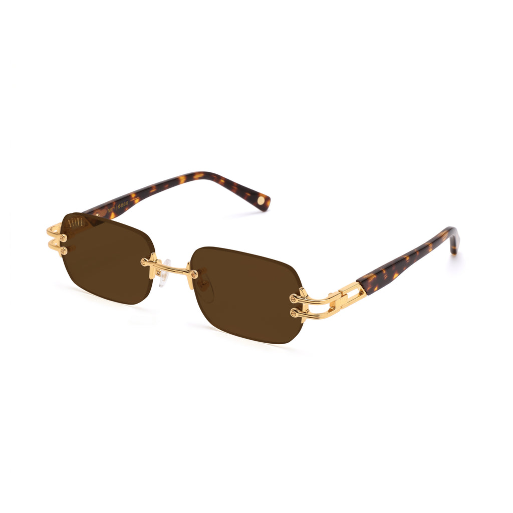 Rimless square sunglasses with dark brown lenses and gold metal hardware, shown from the front on a white background. [g:brown s:all o:2]