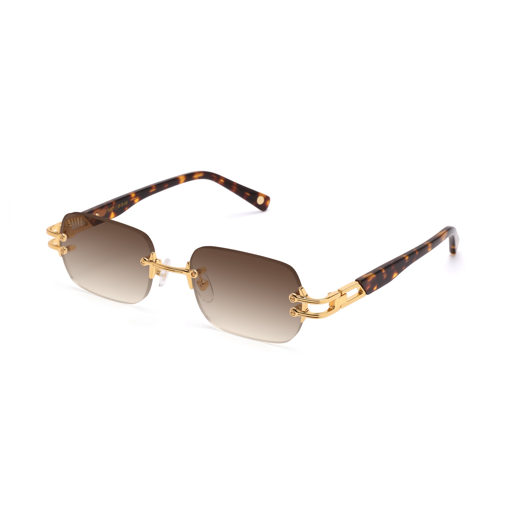 Rimless square sunglasses with dark brown lenses and gold metal hardware, shown from the front on a white background. [g:brown-gradient s:all o:2]