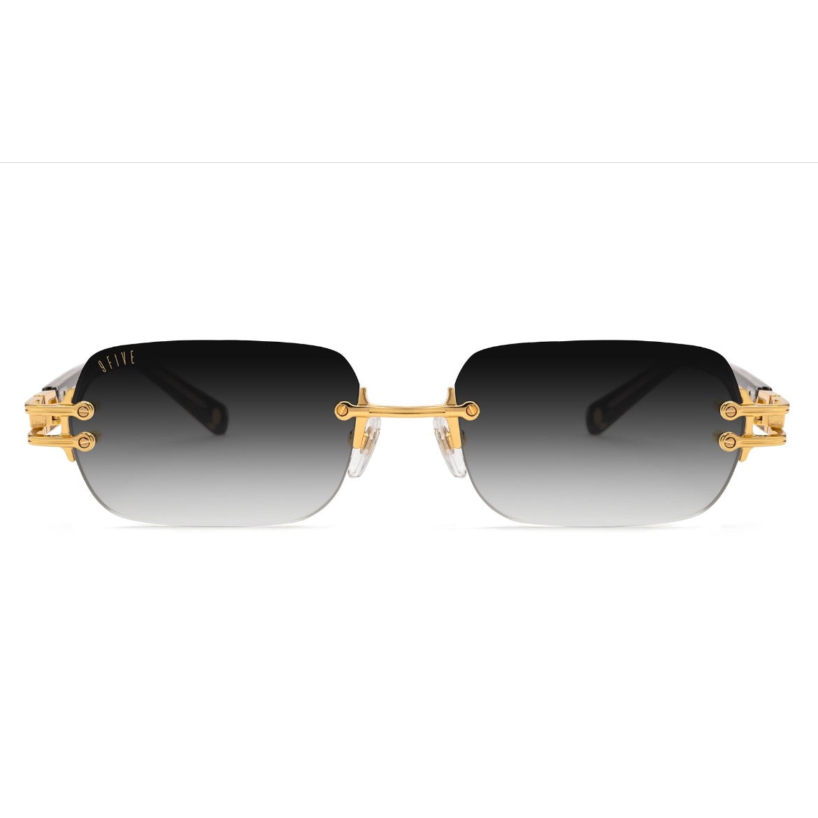 Rimless square sunglasses with gradient gray lenses and ornate gold metal hardware, shown against a plain white background. [g:black-gradient s:all o:1]