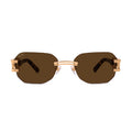Rimless square sunglasses with dark brown lenses and gold metal frames, featuring decorative gold hardware on the temples, shown against a plain white background. [g:brown s:all o:1]