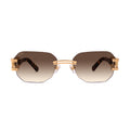 A pair of Rimless sunglasses with a gold metal frame, gradient brown lenses, and tortoiseshell temple arms, shown against a plain white background. [g:brown-gradient s:all o:1]