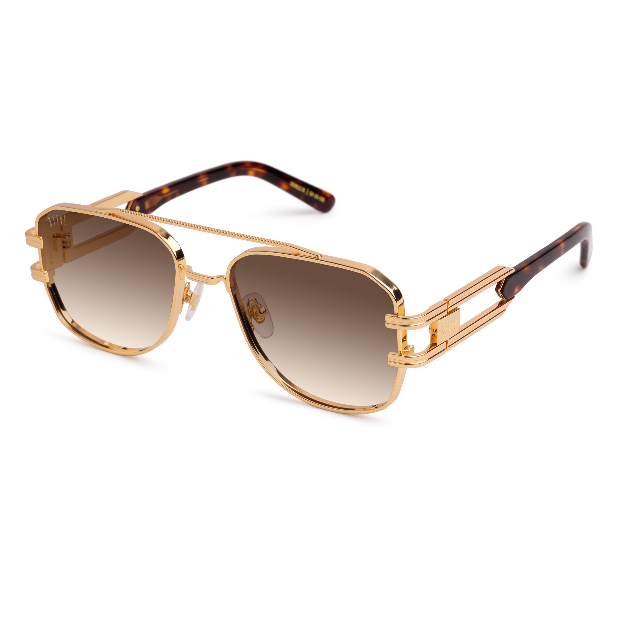 A pair of angular aviator-style sunglasses with a rose gold metal frame, brown lenses, and tortoiseshell temple arms, shown against a plain white background. [g:brown-gradient s:all o:2]