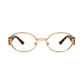 Oval eyeglasses with a gold metal frame and tortoiseshell temple arms, shown from the front on a white background. [g:clear s:all o:1]
