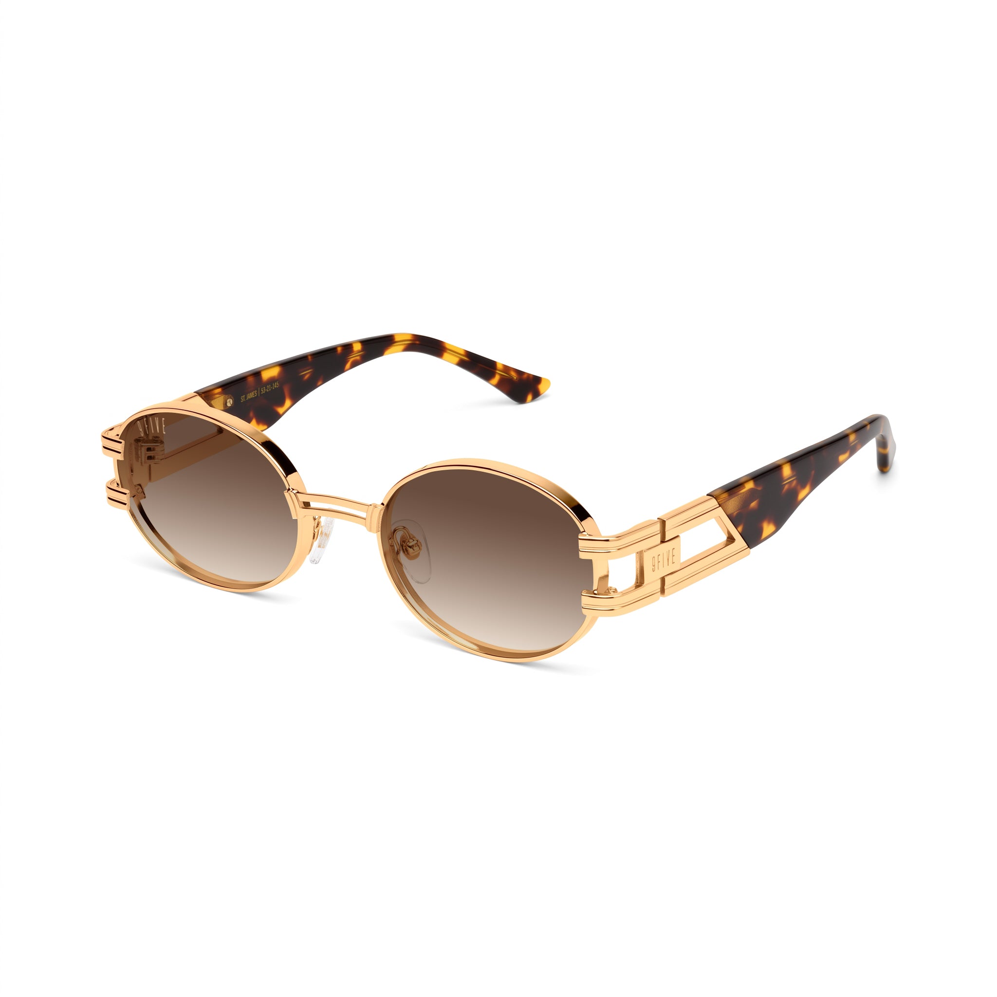 Oval sunglasses with gold metal frames, brown gradient lenses, and tortoiseshell acetate temples, shown on a clean white background. [g:brown-gradient s:all o:2]