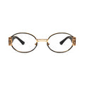 Oval sunglasses with clear lenses, a gold metal frame, and black temple tips, shown against a plain white background.[g:clear s:all o:1]