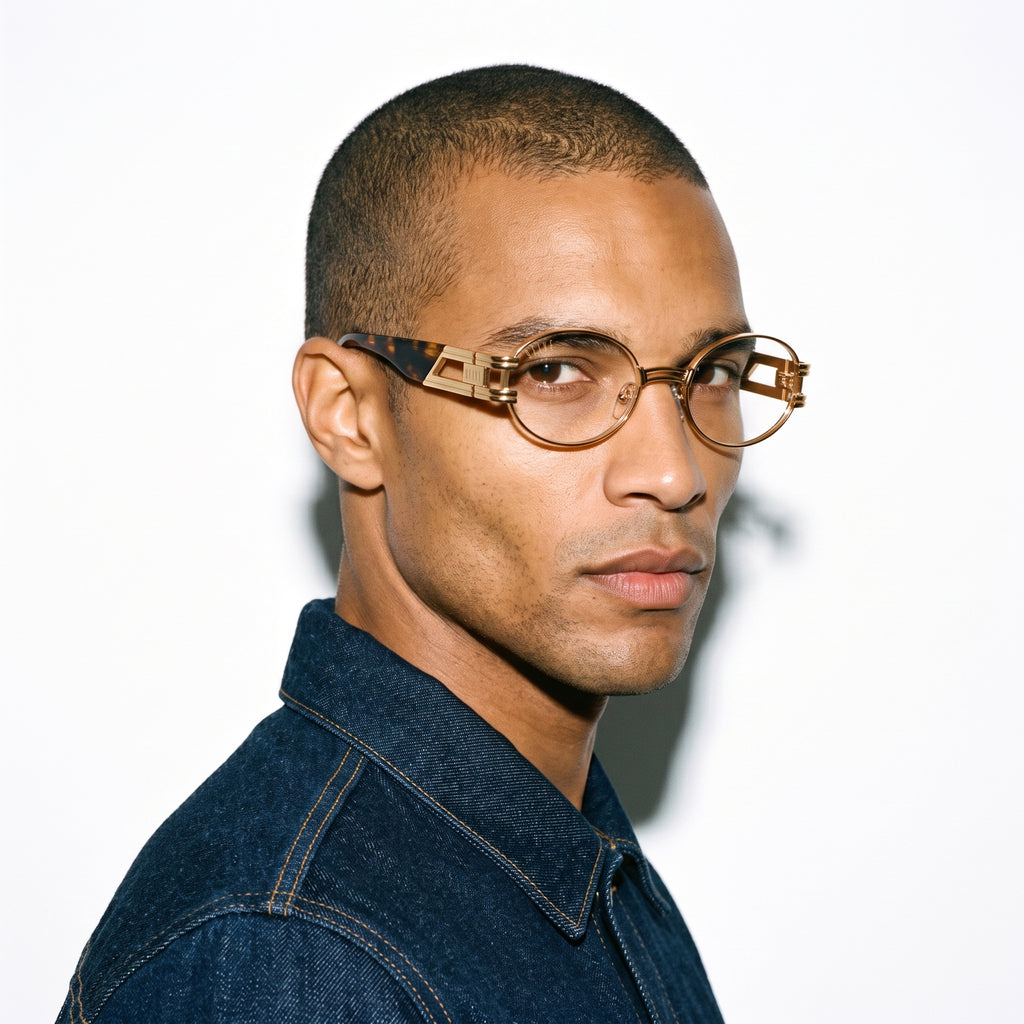 A man with a buzz cut wearing geometric gold-framed eyeglasses and a dark denim shirt, photographed against a plain white background.