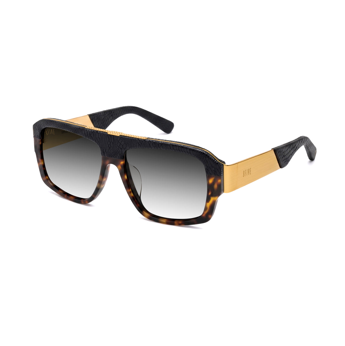 A pair of designer sunglasses featuring a black reptilian leather frame, dark brown and black tortoiseshell acetate on the lower rims, gold metal bridge and temple accents, and dark lenses. [g:black-gradient s:all o:2]