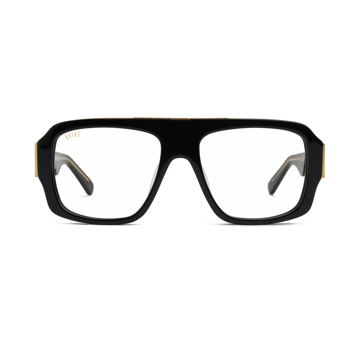 9five Tips LX clear lens glasses that are black and oversized with gold metal arms and embellishments  [g:clear s:all o:1]