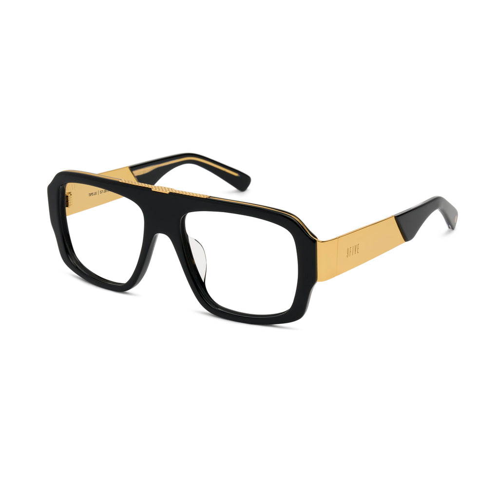 9five Tips LX clear lens glasses that are black and oversized with gold metal arms and embellishments  [g:clear s:all o:2]