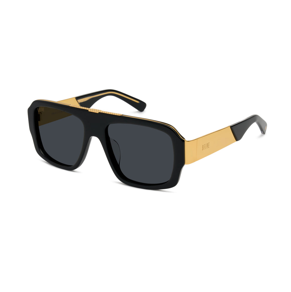 9five Tips LX sunglasses that are black and oversized with gold metal arms and embellishments  [g:black s:all o:2]