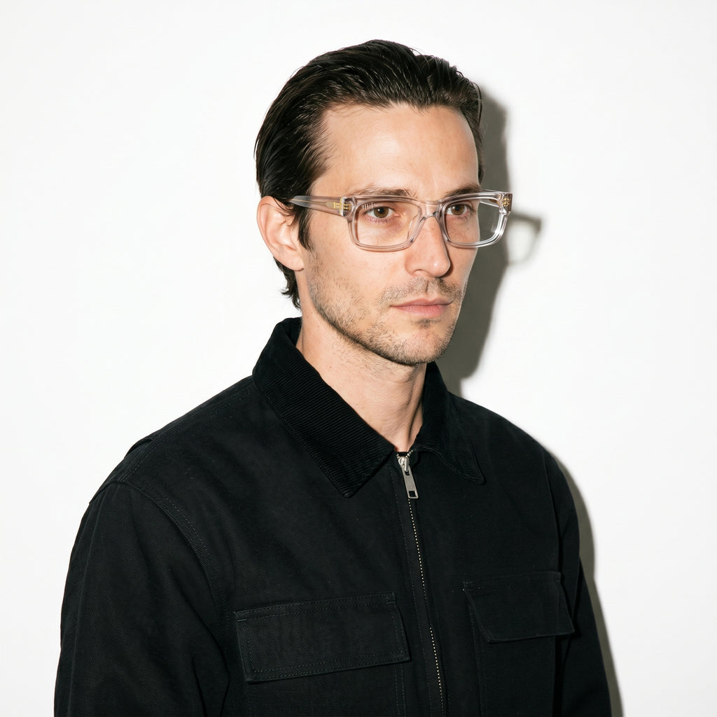 9FIVE Aura Crystal & 24K Gold Clear Lens Glasses — worn on model [g:all s:all o:3]